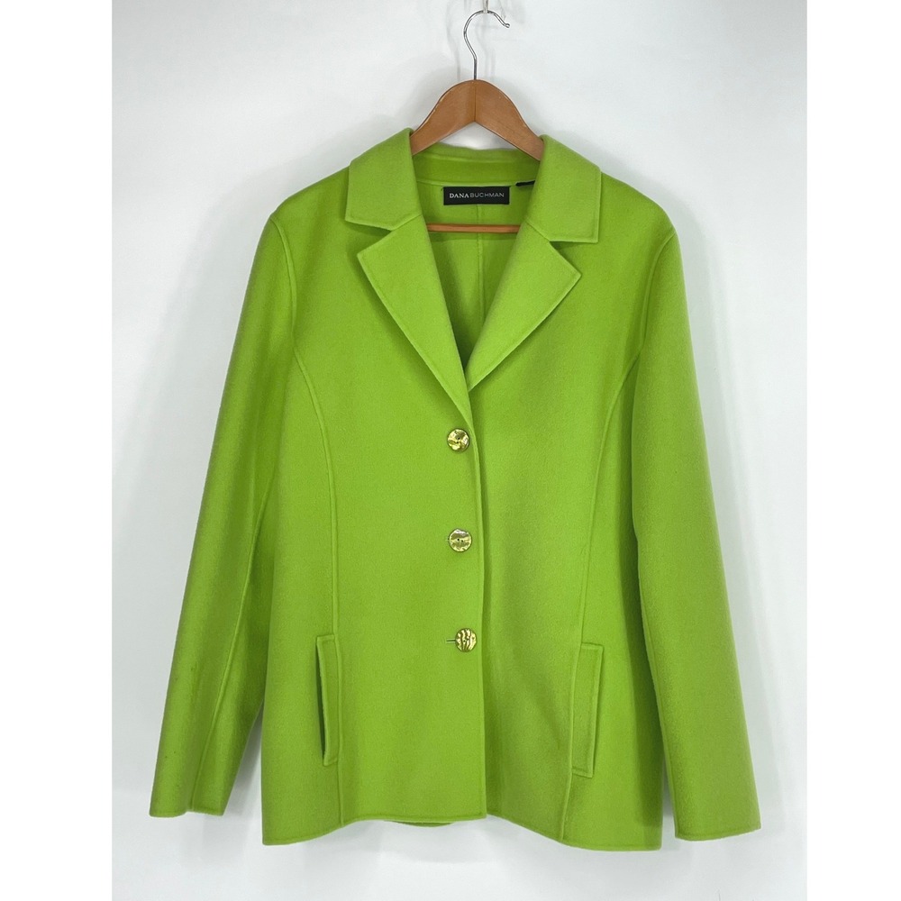 Dana Buchman Womens Blazer 14 Wool Jacket Lime Green Gold Button Professional